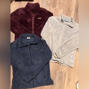 Columbia Fleece Jacket Trio - Maroon, Light Gray, and Dark Blue